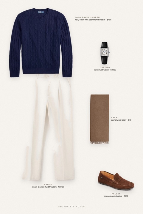 Flat-lay of the pieces in this outfit: navy cable-knit cashmere sweater, cream pleated fluid trousers, cocoa suede loafers, camel wool scarf, tank must watch.