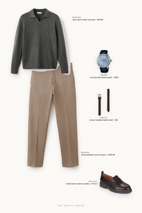 Flat-lay of the pieces in this outfit: dark open-collar knit polo, stone pleated wool trousers, matte brown penny loafers, brown braided leather belt, ice-blue dial dress watch.