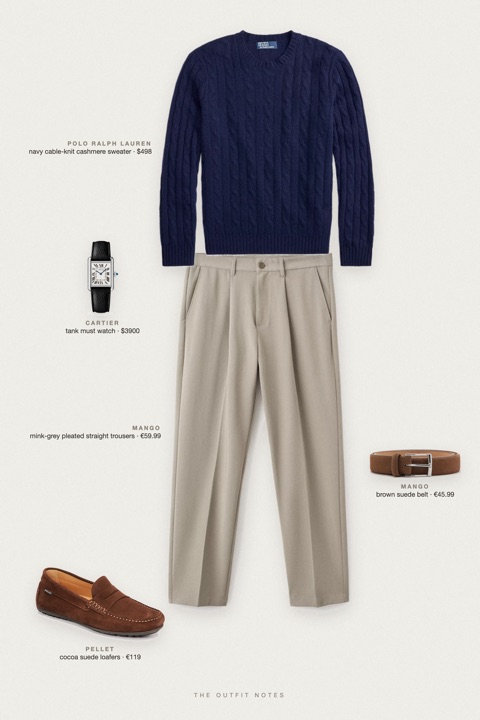 Flat-lay of the pieces in this outfit: navy cable-knit cashmere sweater, mink-grey pleated straight trousers, cocoa suede loafers, brown suede belt, tank must watch.