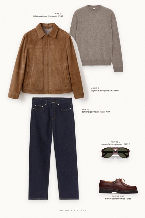 Flat-lay of the pieces in this outfit: cognac suede jacket, beige cashmere crewneck, dark indigo straight jeans, brown leather derbies, havana 649 sunglasses.