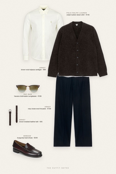 Flat-lay of the pieces in this outfit: brown wool-alpaca cardigan, cream button-down shirt, navy loose wool trousers, burgundy boat shoes, brown braided leather belt, havana clubmaster sunglasses.