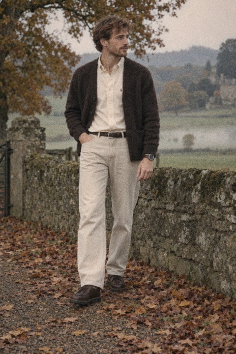 Man with tousled ginger-brown hair beside a stone wall in the English countryside, wearing a brown cardigan, cream button-down shirt, ecru jeans, braided brown belt, brown derby shoes and a field watch.