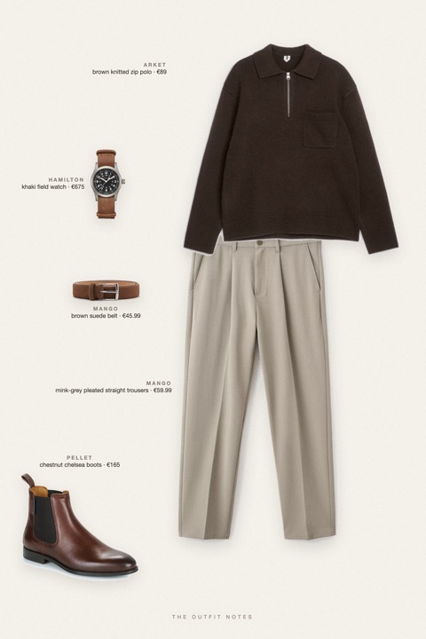Flat-lay of the pieces in this outfit: brown knitted zip polo, mink-grey pleated straight trousers, chestnut chelsea boots, brown suede belt, khaki field watch.