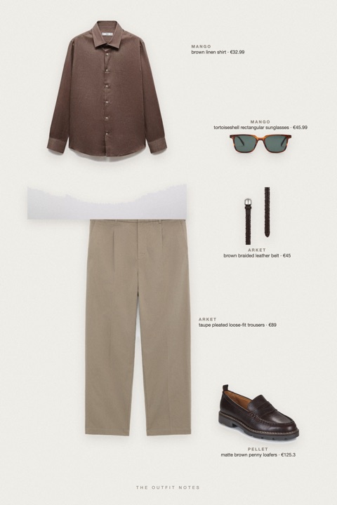 Flat-lay of the pieces in this outfit: brown linen shirt, taupe pleated loose-fit trousers, matte brown penny loafers, brown braided leather belt, tortoiseshell rectangular sunglasses.