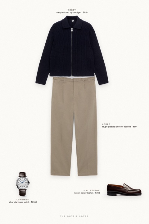 Flat-lay of the pieces in this outfit: navy textured zip cardigan, taupe pleated loose-fit trousers, brown penny loafers, silver dial dress watch.