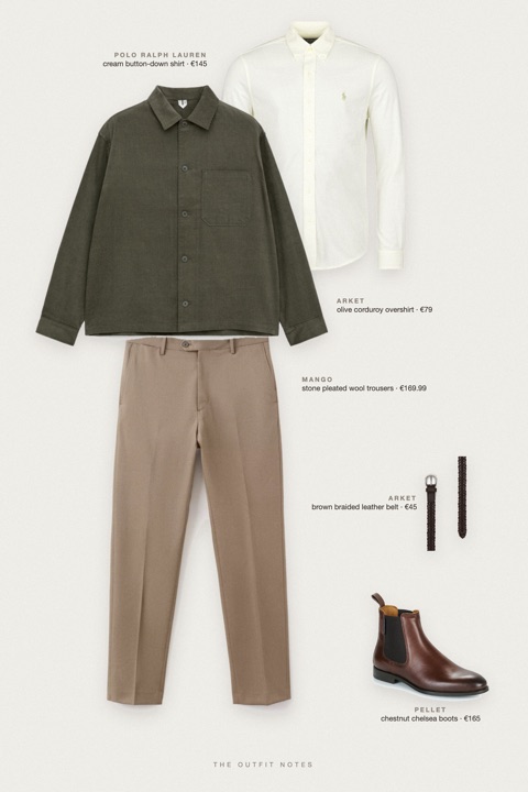 Flat-lay of the pieces in this outfit: olive corduroy overshirt, cream button-down shirt, stone pleated wool trousers, chestnut chelsea boots, brown braided leather belt.