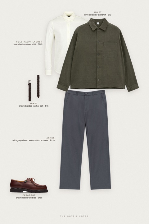 Flat-lay of the pieces in this outfit: olive corduroy overshirt, cream button-down shirt, mid-grey relaxed wool-cotton trousers, brown leather derbies, brown braided leather belt.
