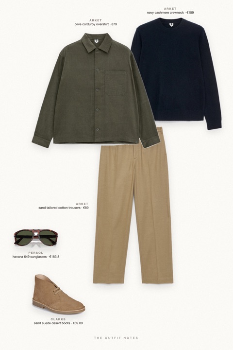 Flat-lay of the pieces in this outfit: olive corduroy overshirt, navy cashmere crewneck, sand tailored cotton trousers, sand suede desert boots, havana 649 sunglasses.