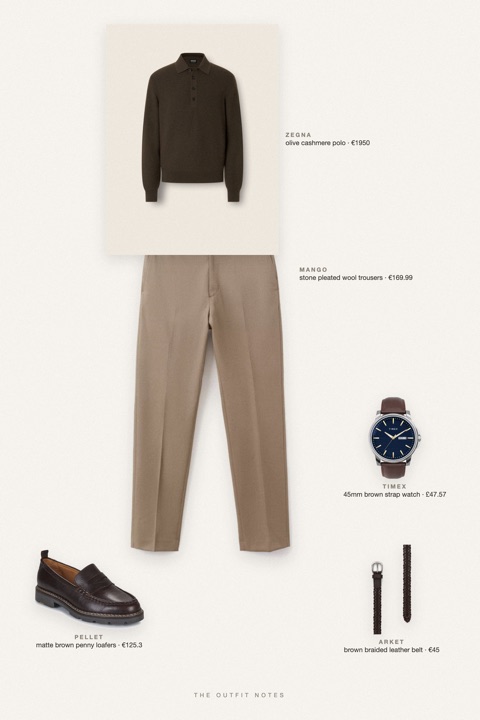 Flat-lay of the pieces in this outfit: olive cashmere polo, stone pleated wool trousers, matte brown penny loafers, brown braided leather belt, 45mm brown strap watch.