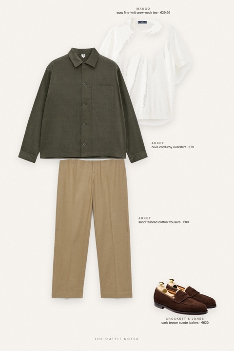 Flat-lay of the pieces in this outfit: olive corduroy overshirt, ecru fine-knit crew-neck tee, sand tailored cotton trousers, dark brown suede loafers.