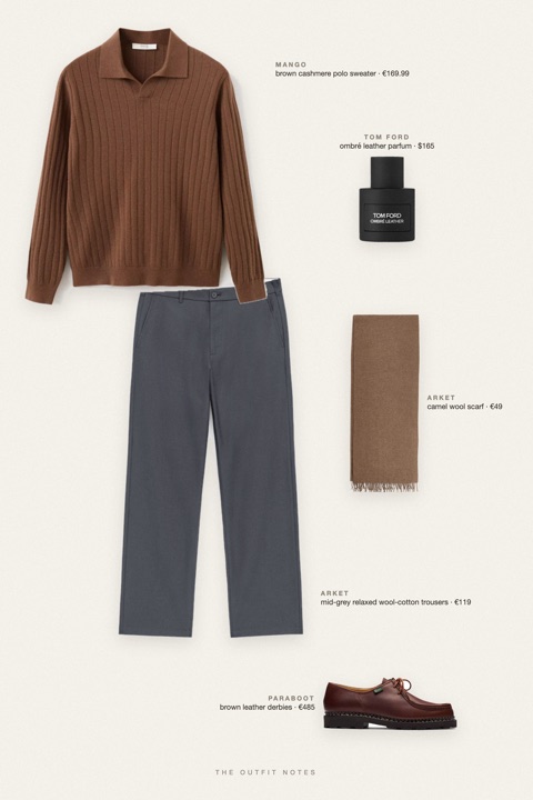 Flat-lay of the pieces in this outfit: brown cashmere polo sweater, mid-grey relaxed wool-cotton trousers, brown leather derbies, ombré leather parfum, camel wool scarf.