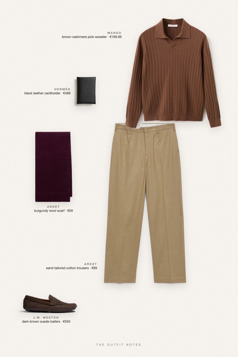 Flat-lay of the pieces in this outfit: brown cashmere polo sweater, sand tailored cotton trousers, dark-brown suede loafers, burgundy wool scarf, black leather cardholder.
