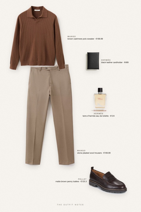 Flat-lay of the pieces in this outfit: brown cashmere polo sweater, stone pleated wool trousers, matte brown penny loafers, black leather cardholder, terre d'hermès eau de toilette.