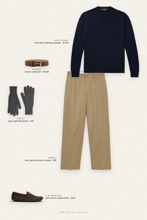 Flat-lay of the pieces in this outfit: navy baby cashmere sweater, sand tailored cotton trousers, dark-brown suede loafers, brown suede belt, grey cashmere gloves.