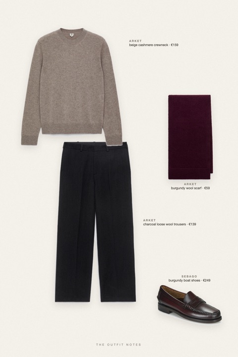Flat-lay of the pieces in this outfit: beige cashmere crewneck, charcoal loose wool trousers, burgundy boat shoes, burgundy wool scarf.