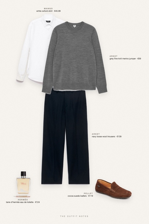 Flat-lay of the pieces in this outfit: grey fine-knit merino jumper, white oxford shirt, navy loose wool trousers, cocoa suede loafers, terre d'hermès eau de toilette.