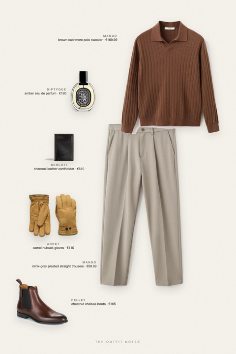 Flat-lay of the pieces in this outfit: brown cashmere polo sweater, mink-grey pleated straight trousers, chestnut chelsea boots, amber eau de parfum, camel nubuck gloves, charcoal leather cardholder.