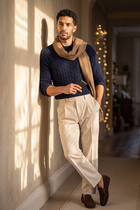 Bearded man looking away in a navy cable-knit sweater, cream trousers and camel scarf, standing against a sunlit wall in a London hallway with soft Christmas lights.