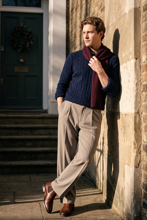 Man on London townhouse steps wearing a navy cable-knit sweater, grey pleated trousers, chestnut chelsea boots and a burgundy scarf.
