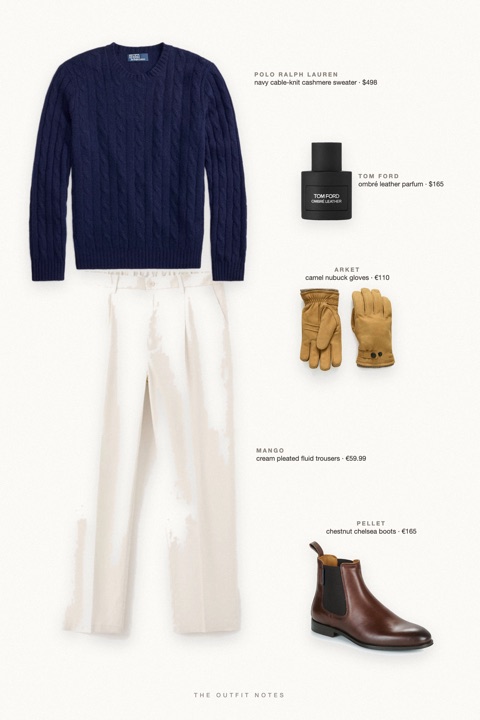 Flat-lay of the pieces in this outfit: navy cable-knit cashmere sweater, cream pleated fluid trousers, chestnut chelsea boots, camel nubuck gloves, ombré leather parfum.