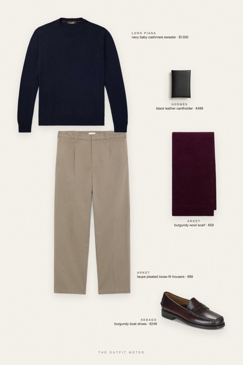 Flat-lay of the pieces in this outfit: navy baby cashmere sweater, taupe pleated loose-fit trousers, burgundy boat shoes, black leather cardholder, burgundy wool scarf.