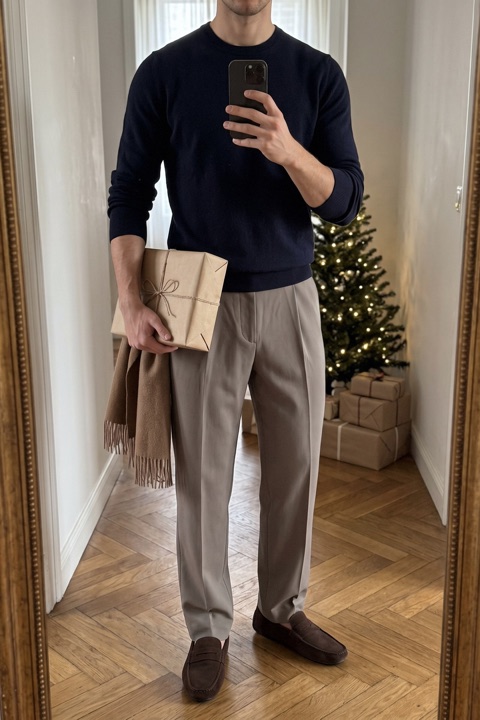 Faceless mirror photo of a man in a navy cashmere sweater and grey pleated trousers with brown suede loafers, a camel scarf over his arm, wrapped gifts and a small tree behind him.