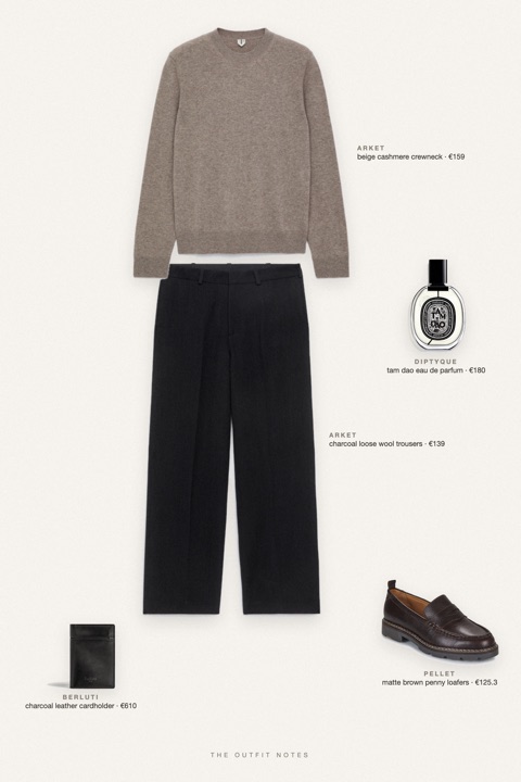 Flat-lay of the pieces in this outfit: beige cashmere crewneck, charcoal loose wool trousers, matte brown penny loafers, charcoal leather cardholder, tam dao eau de parfum.