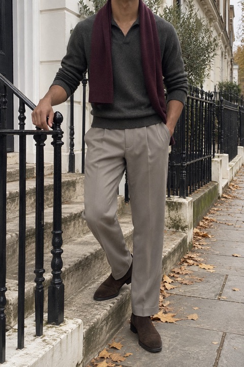 Man on old stone steps by a black railing wearing a dark green knit polo, mink grey pleated trousers, brown suede Chelsea boots and a burgundy scarf, head out of frame.