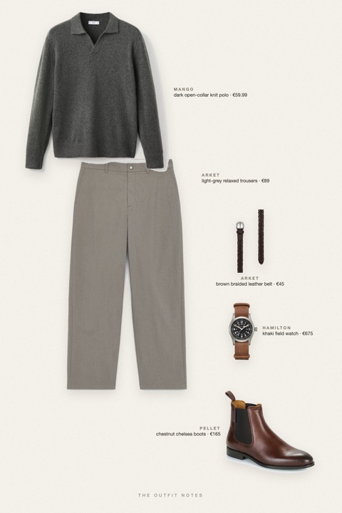 Flat-lay of the pieces in this outfit: dark open-collar knit polo, light-grey relaxed trousers, chestnut chelsea boots, brown braided leather belt, khaki field watch.