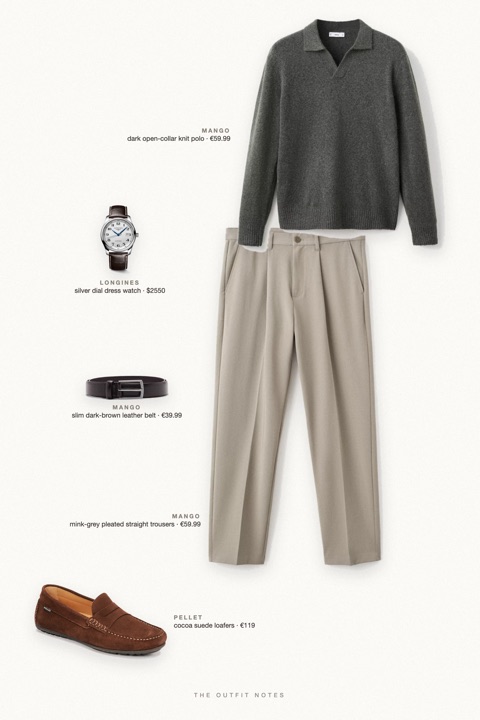 Flat-lay of the pieces in this outfit: dark open-collar knit polo, mink-grey pleated straight trousers, cocoa suede loafers, slim dark-brown leather belt, silver dial dress watch.