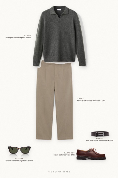 Flat-lay of the pieces in this outfit: dark open-collar knit polo, taupe pleated loose-fit trousers, brown leather derbies, slim dark-brown leather belt, tortoise wayfarer sunglasses.