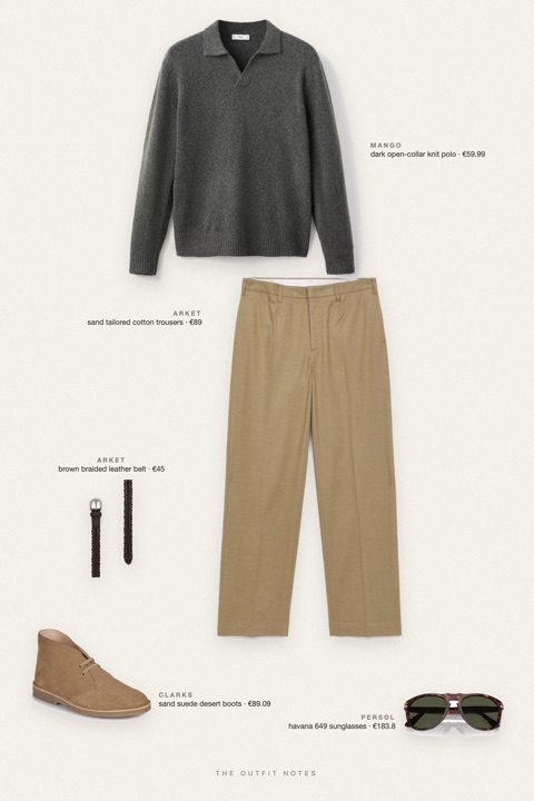 Flat-lay of the pieces in this outfit: dark open-collar knit polo, sand tailored cotton trousers, sand suede desert boots, brown braided leather belt, havana 649 sunglasses.