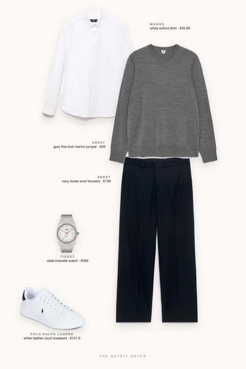 Flat-lay of the pieces in this outfit: grey fine-knit merino jumper, white oxford shirt, navy loose wool trousers, white leather court sneakers, steel bracelet watch.