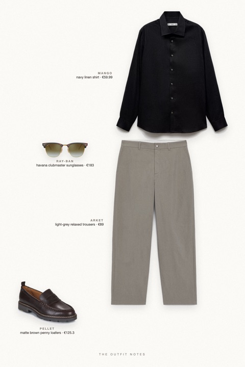 Flat-lay of the pieces in this outfit: navy linen shirt, light-grey relaxed trousers, matte brown penny loafers, havana clubmaster sunglasses.