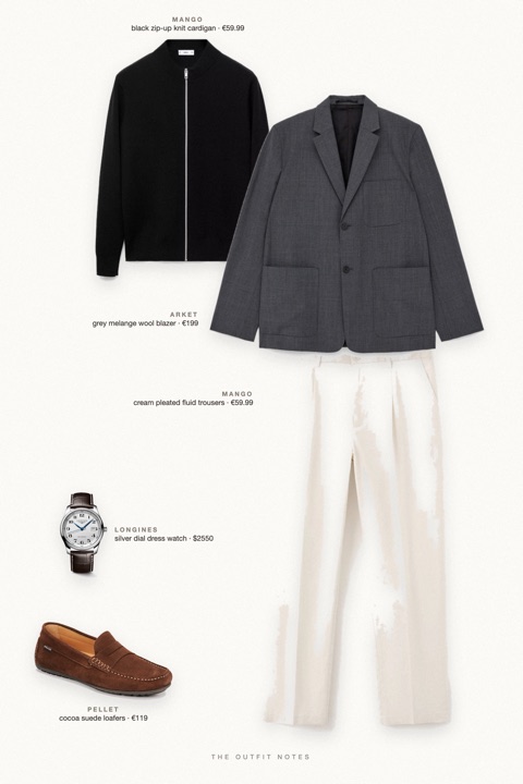 Flat-lay of the pieces in this outfit: grey melange wool blazer, black zip-up knit cardigan, cream pleated fluid trousers, cocoa suede loafers, silver dial dress watch.