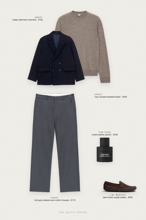 Flat-lay of the pieces in this outfit: navy double-breasted blazer, beige cashmere crewneck, mid-grey relaxed wool-cotton trousers, dark-brown suede loafers, ombré leather parfum.