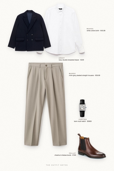 Flat-lay of the pieces in this outfit: navy double-breasted blazer, white oxford shirt, mink-grey pleated straight trousers, chestnut chelsea boots, tank must watch.