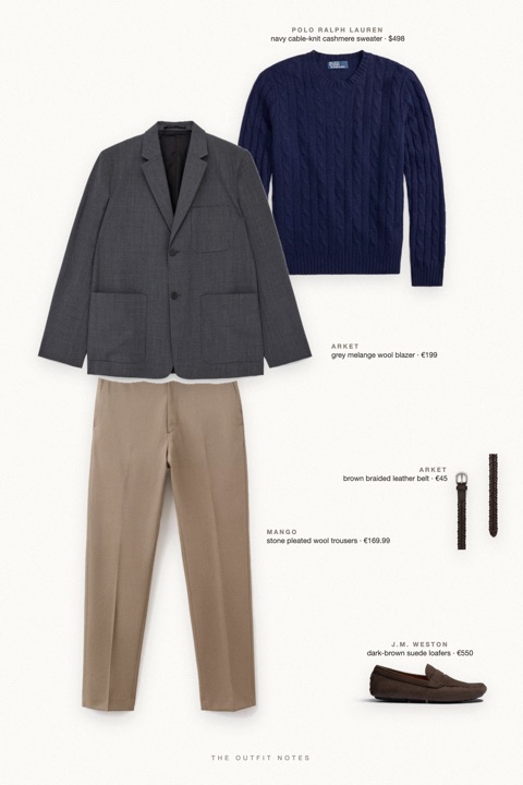 Flat-lay of the pieces in this outfit: grey melange wool blazer, navy cable-knit cashmere sweater, stone pleated wool trousers, dark-brown suede loafers, brown braided leather belt.