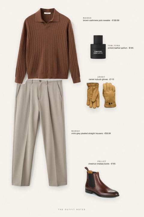 Flat-lay of the pieces in this outfit: brown cashmere polo sweater, mink-grey pleated straight trousers, chestnut chelsea boots, camel nubuck gloves, ombré leather parfum.