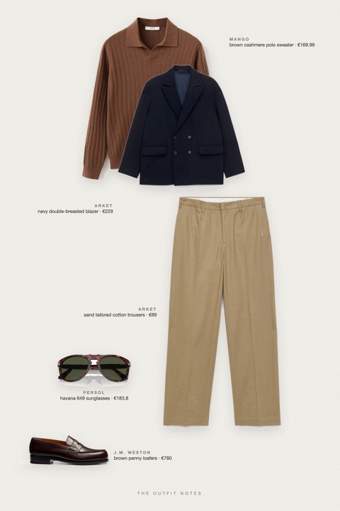 Flat-lay of the pieces in this outfit: navy double-breasted blazer, brown cashmere polo sweater, sand tailored cotton trousers, brown penny loafers, havana 649 sunglasses.