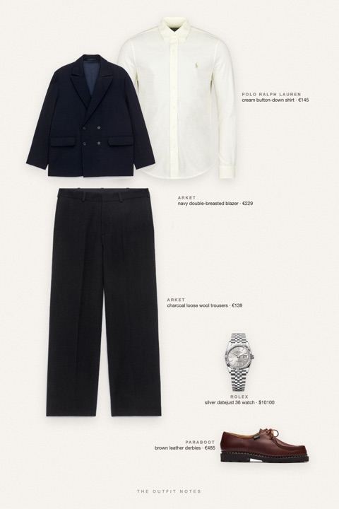 Flat-lay of the pieces in this outfit: navy double-breasted blazer, cream button-down shirt, charcoal loose wool trousers, brown leather derbies, silver datejust 36 watch.