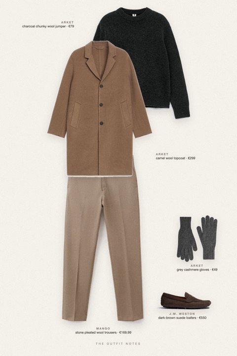 Flat-lay of the pieces in this outfit: camel wool topcoat, charcoal chunky wool jumper, stone pleated wool trousers, dark-brown suede loafers, grey cashmere gloves.