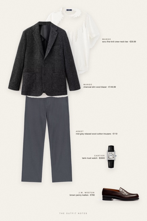 Flat-lay of the pieces in this outfit: charcoal slim wool blazer, ecru fine-knit crew-neck tee, mid-grey relaxed wool-cotton trousers, brown penny loafers, tank must watch.