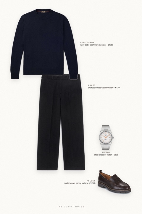 Flat-lay of the pieces in this outfit: navy baby cashmere sweater, charcoal loose wool trousers, matte brown penny loafers, steel bracelet watch.
