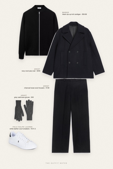 Flat-lay of the pieces in this outfit: navy wool pea coat, black zip-up knit cardigan, charcoal loose wool trousers, white leather court sneakers, grey cashmere gloves.