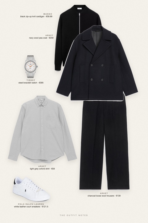 Flat-lay of the pieces in this outfit: navy wool pea coat, black zip-up knit cardigan, light grey oxford shirt, charcoal loose wool trousers, white leather court sneakers, steel bracelet watch.