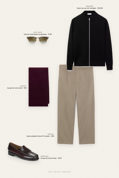 Flat-lay of the pieces in this outfit: black zip-up knit cardigan, taupe pleated loose-fit trousers, burgundy boat shoes, burgundy wool scarf, havana clubmaster sunglasses.