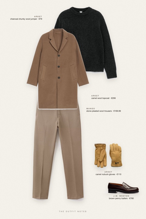 Flat-lay of the pieces in this outfit: camel wool topcoat, charcoal chunky wool jumper, stone pleated wool trousers, brown penny loafers, camel nubuck gloves.