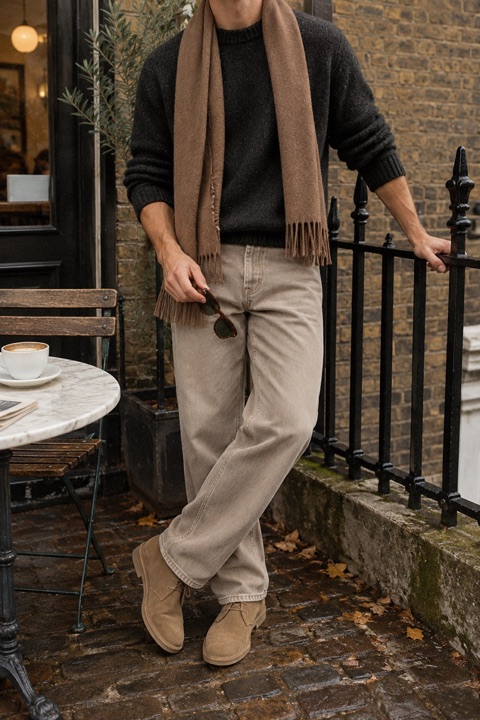 Man seated at a café terrace in London wearing a charcoal wool jumper, ecru jeans, sand suede desert boots, a camel scarf and tortoise sunglasses on the table.