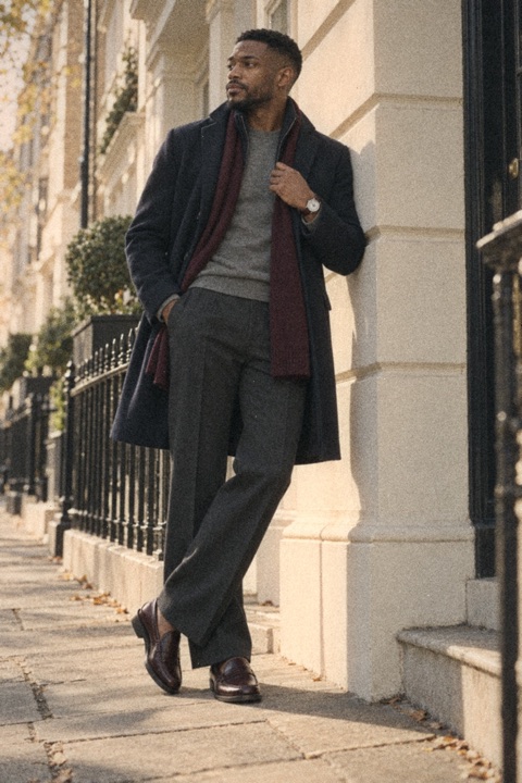 Man in a navy wool overcoat, grey knit, charcoal trousers, burgundy scarf and burgundy loafers standing against a sunlit cream stucco wall in London, looking away, silver Longines watch visible.